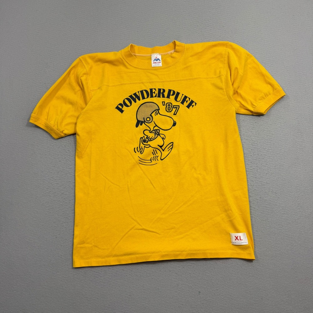 Vintage Miller Powderpuff 87 Snoopy Peanuts Football Shirt XL Yellow Jersey 80s